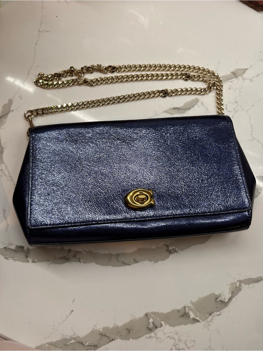 Coach Metallic Navy Leather Crossbody with Gold Chain